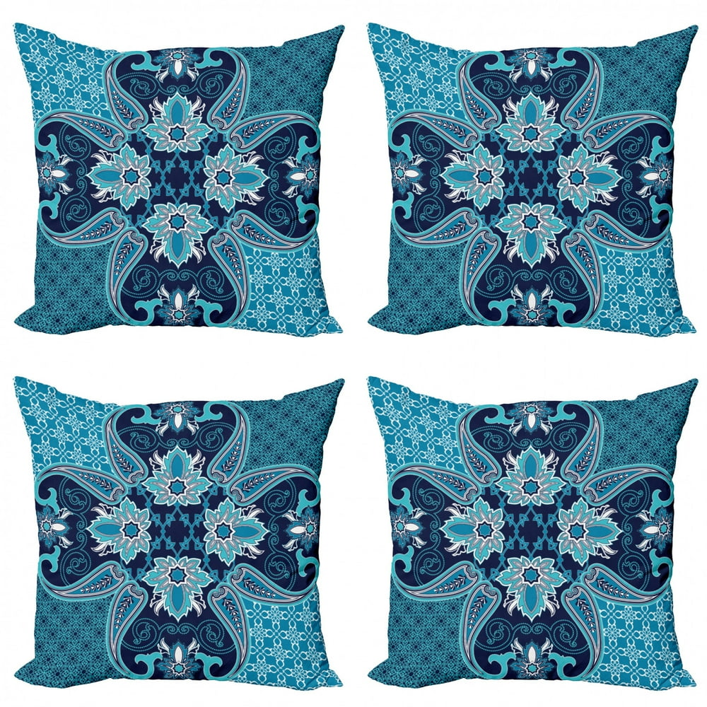 Navy Blue Throw Pillow Cushion Case Pack of 4, Floral Paisley Design