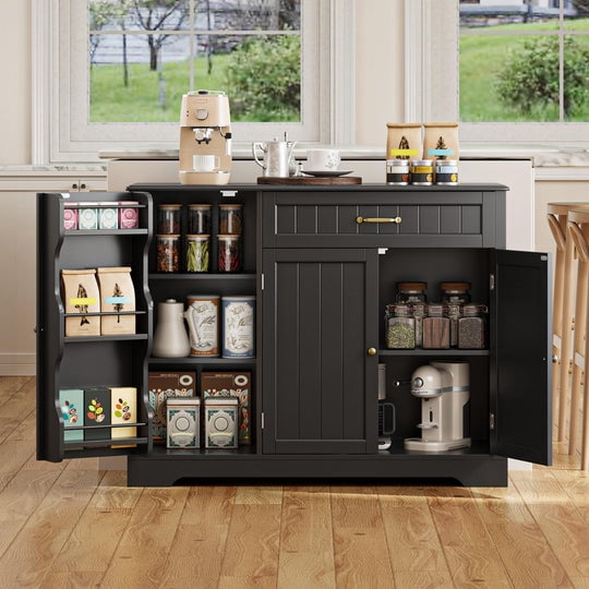 Aiho 42” Coffee Bar Cabinet with Storage, Kitchen Storage Cabinet, Sideboard Buffet Cabinet with 8 Shelves, 1 Drawer - Black