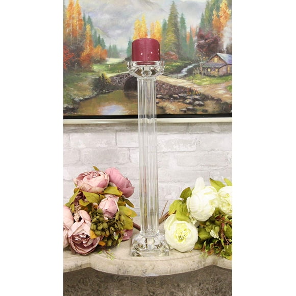 Ebros Contemporary Crystal Glass Pillar Column Candle Holder Candlestick Candleholder Decor Figurine for Mantelpiece Countertop Table Master Bedroom Living Room Accent (18" High)