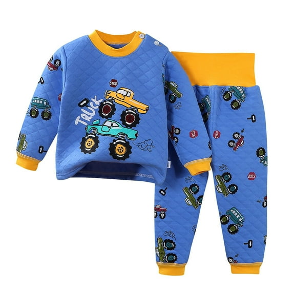 Cethrio Boys Winter Pajama Sets, Thermal Cotton Long Sleeve 2 PC Boys' Sleepwear Dark Blue Size 4-5T