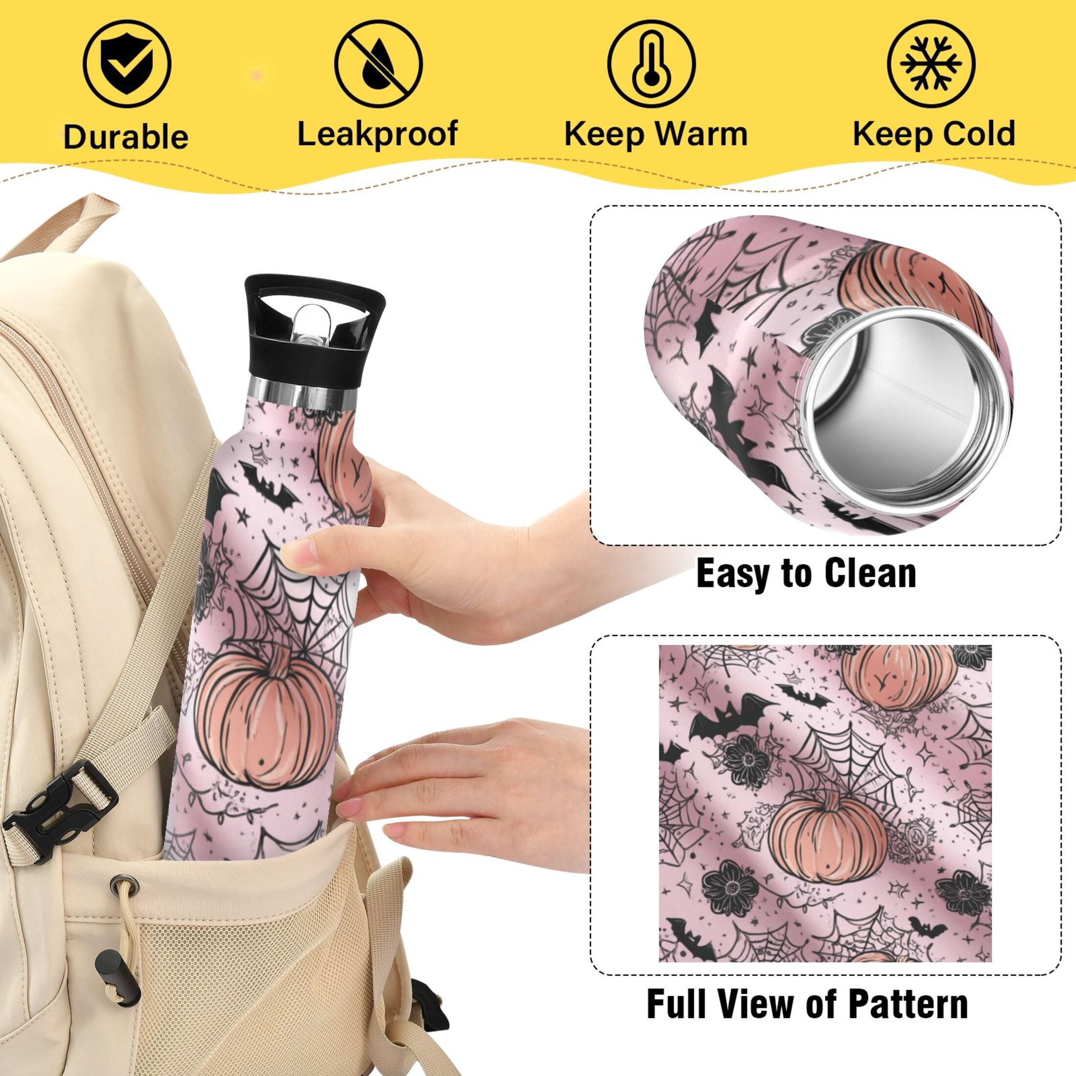 Kids Insulated Stainless Steel Sports Water Bottle 600ml (20oz) Black Flowers and Spider Web