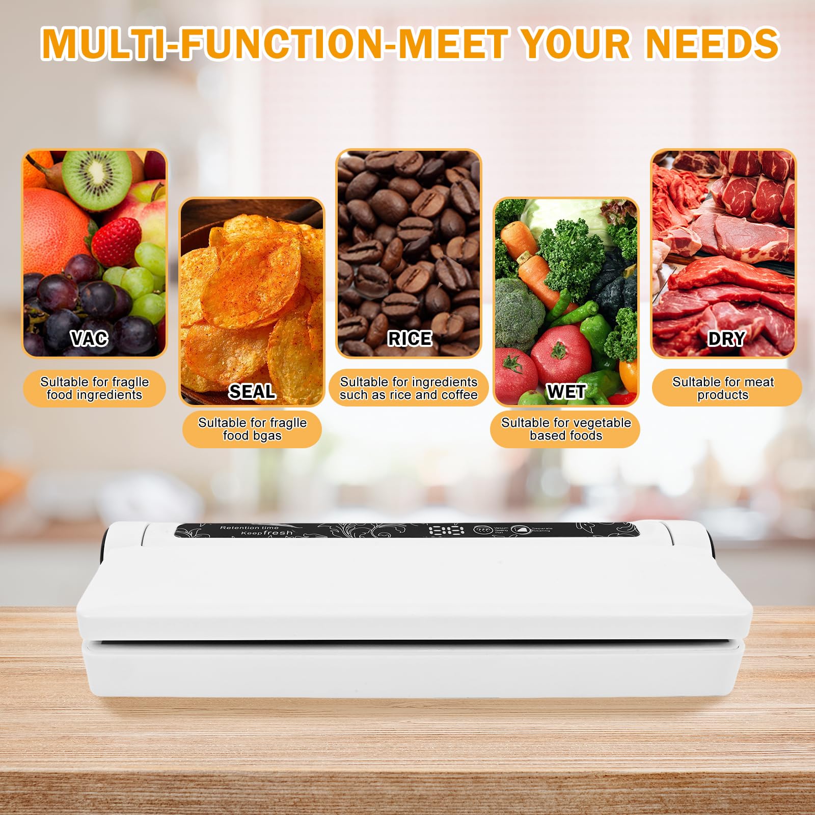 Food Vacuum Sealer Machine, 60KPA Strong Suction, Dry/Wet Modes, 20 Vacuum Seal Bags for Food, Digital Countdown Timer, Compact Lightweight, Ideal for Home Kitchen Use（white8.5*9.5*4cm）