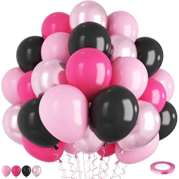 Pink and Black Balloons, 60PCS Hot Pink Black Balloon Set, 12Inch Pastel Light Rosa and Metallic Latex Balloons for Girls Women Princess Birthday Bachelorette Baby Shower Beauty Party Decorations