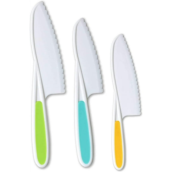 Kitchen Safety Knives for Kids, Children's Cooking Knives in 3 Sizes & Colors/Firm Grip, Serrated Edges for Vegetables, Fruits, Salad, Cake