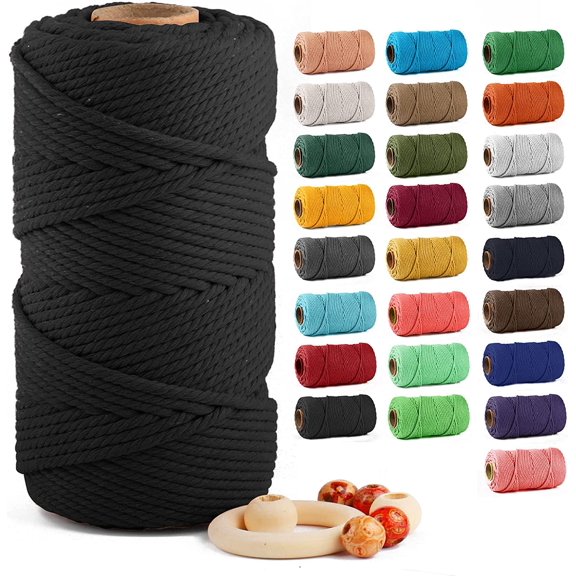 Macrame Cotton Cord 5mm x 109 Yards, ZUEXT 100% Natural Handmade Colorful 4 Strands Twisted Braided Cotton Rope for Wall Hanging Plant Hangers Gift Wrapping Tapestry DIY Crafts(100m, Black)