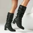 thumbnail image 5 of Slouchy Boots for Women Western Retro Drawstring Soft Leather Pointed Toe Chunky Heel Zipper Mid Calf Booties Winter Knee High Riding Boots Black Size 7, 5 of 7