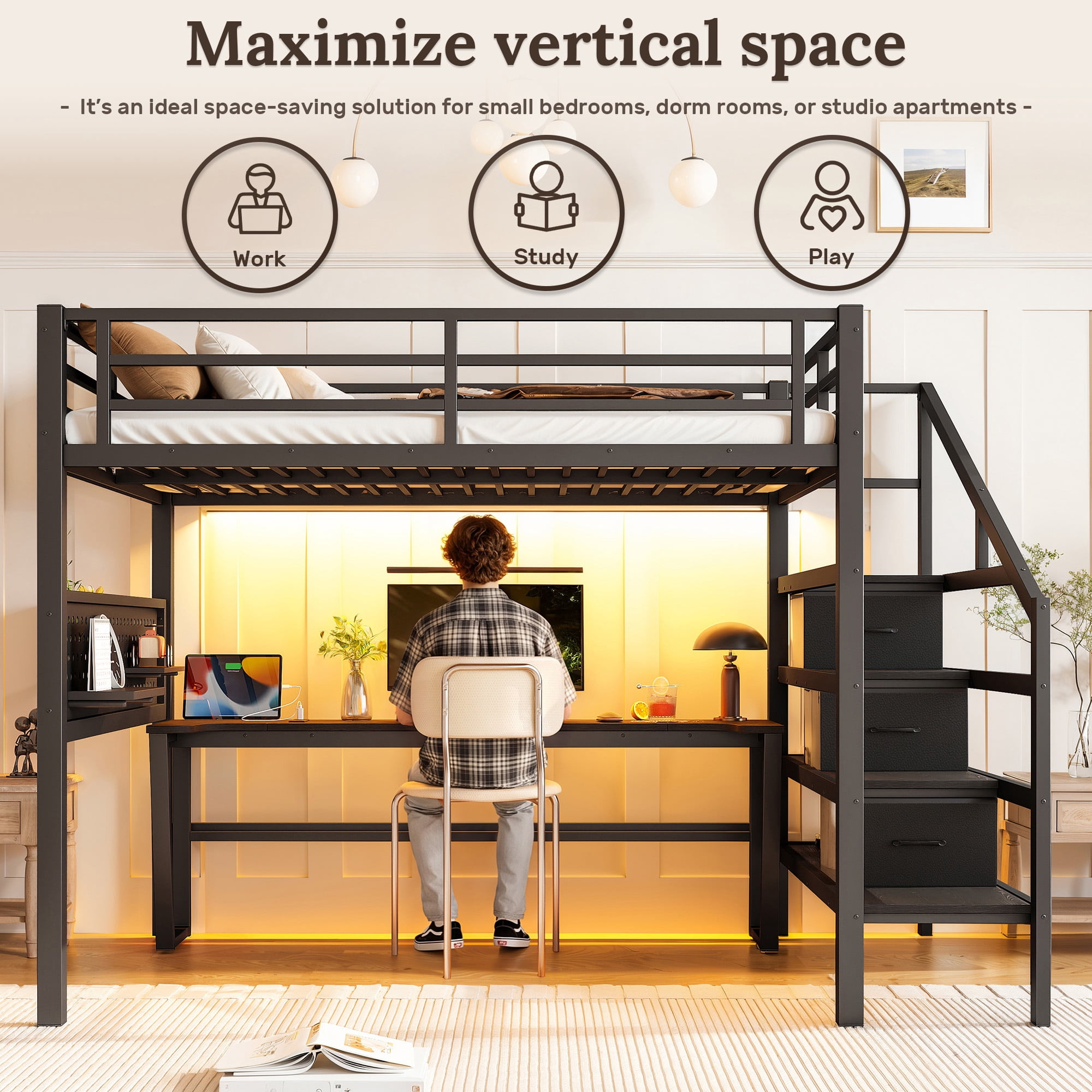Leumius Full Size Loft Bed with Storage Stairs and Movable Desk with USB,Metal Loft Bed Frame with 3 Fabric Drawers and LED, Full-Length Guardrail and Pegboard,Black
