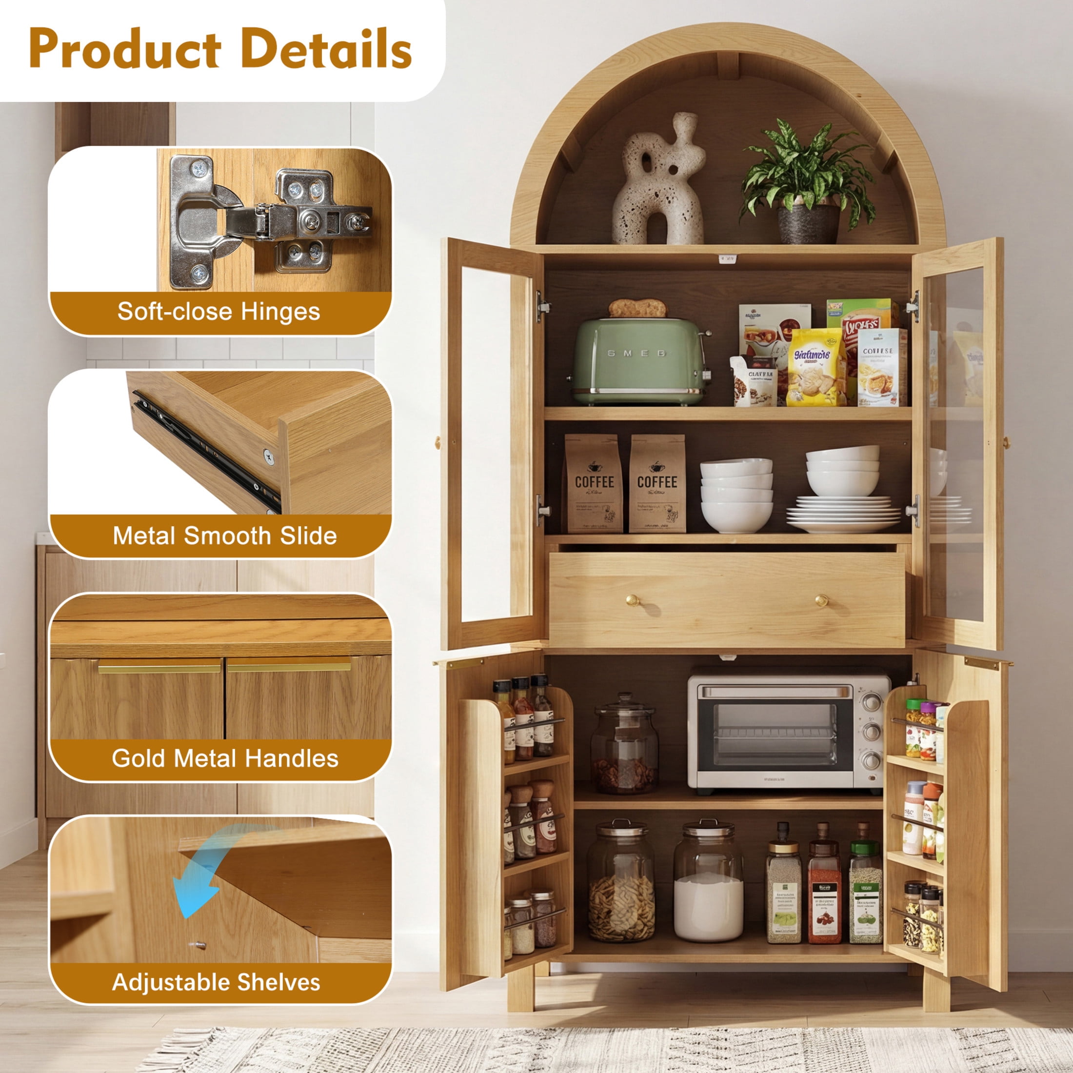 Noble House 71" Fluted Arched Pantry Cabinet with Adjustable Shelves, Hidden Drawer and Built-In Racks, Oak