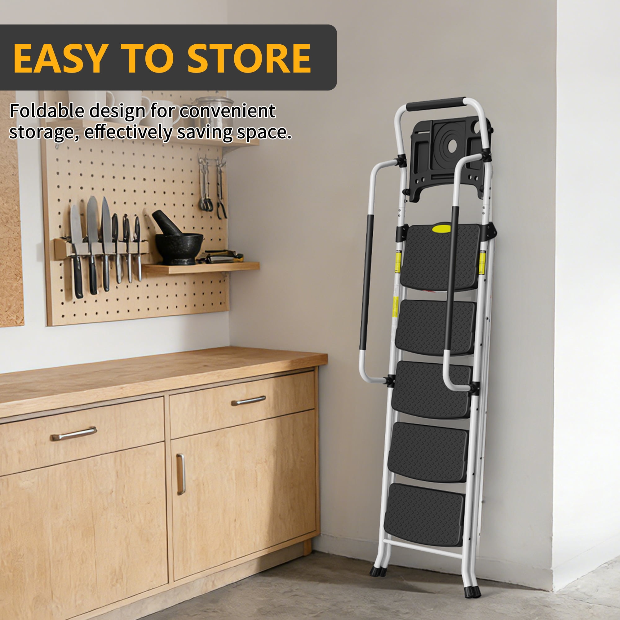 ASoopher 5 Step Ladder with Tool Tray and Handrails, Folding Stool with Wide Anti-Slip Pedal, Tool Platform, Sturdy Steel Ladder, White