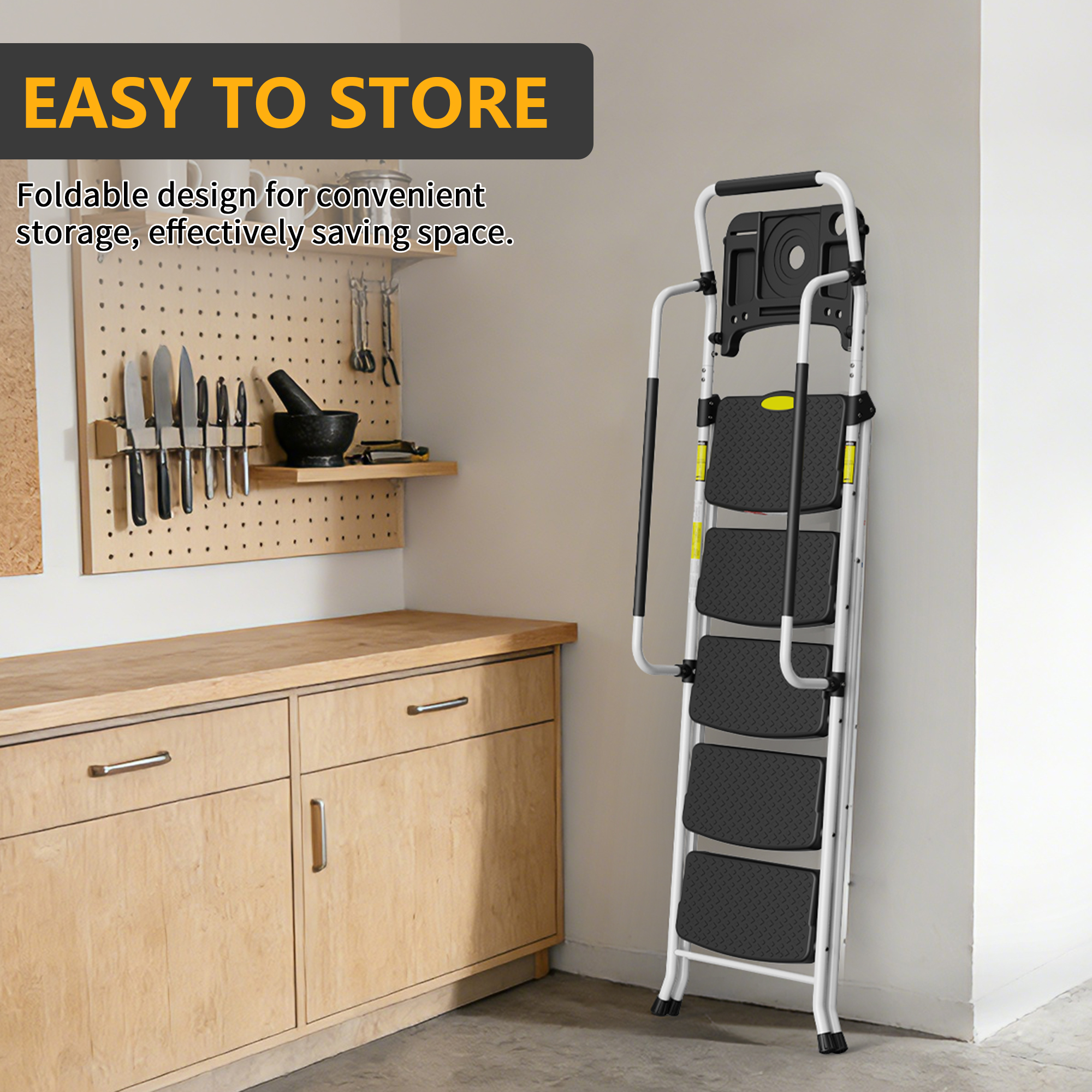 HBTower Folding 5-Step Ladder with Handrails and Tool Tray photo 7