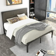 Sha Cerlin Full Size Metal Platform Bed Frame with Industrial Wooden Rivet Headboard, Rustic Brown