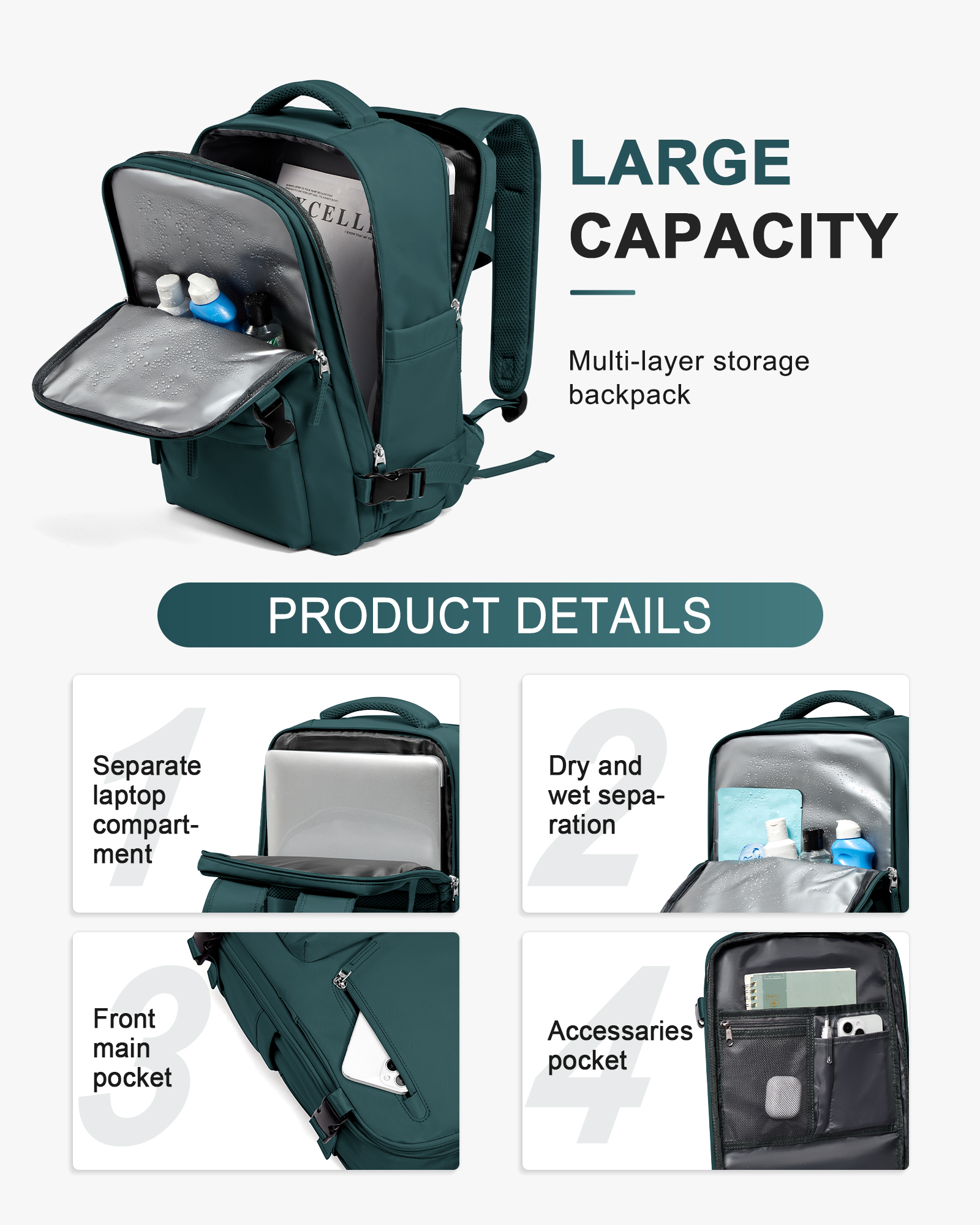 Women's Large Travel Backpack, Travel Backpack, Hiking Backpack, Waterproof Outdoor Sporty, Casual School Backpack, 14 Inch Laptop with USB Charging Port, Shoe Compartment