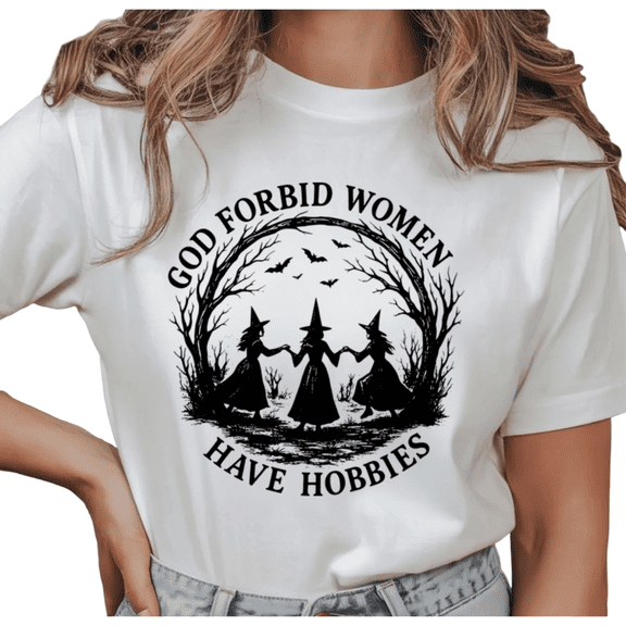 Women's Vintage "God Forbid Women Have Hobbies" Witch Coven Graphic Casual T Shirt Short Sleeve Round Neck Top White S-5XL
