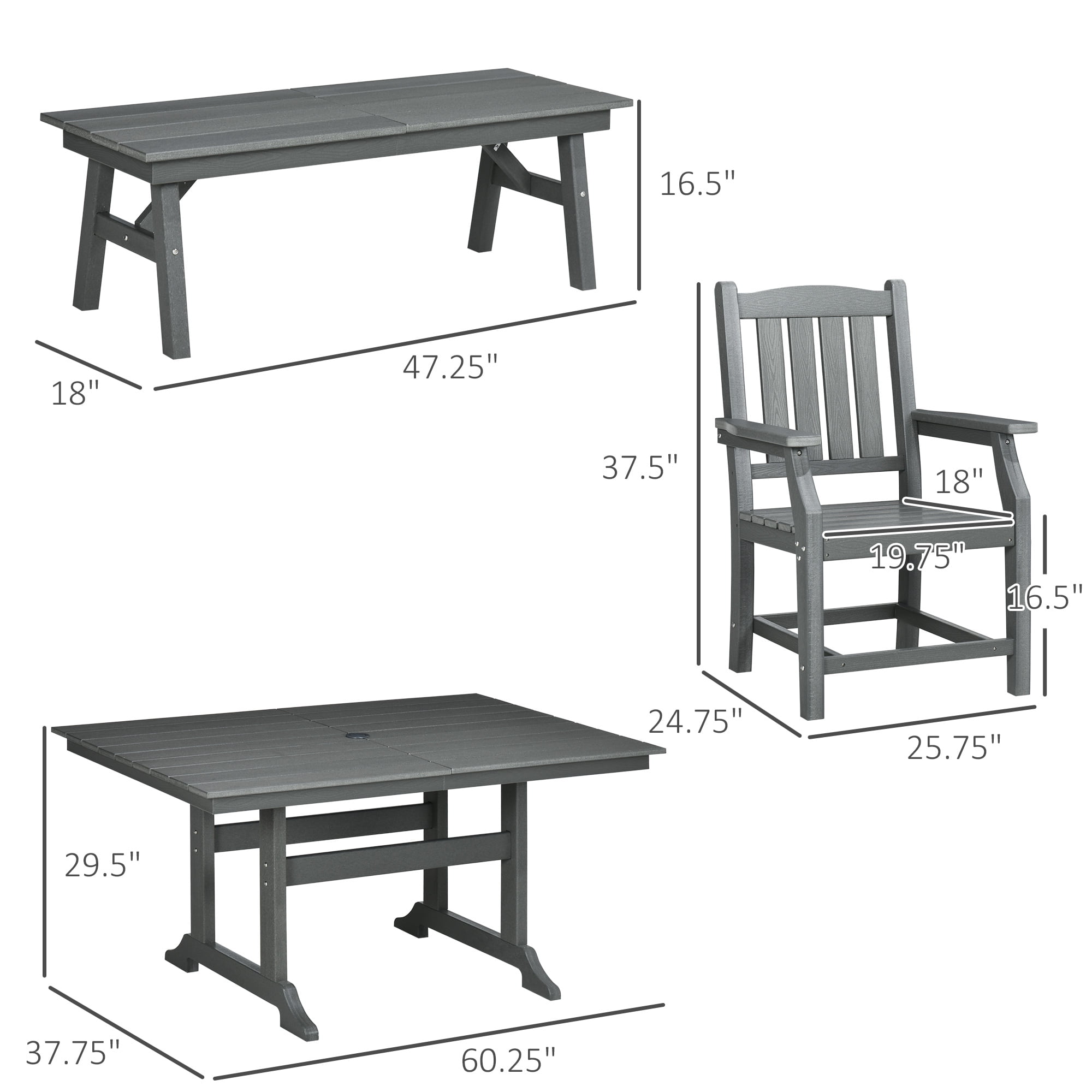 Outsunny Outdoor Dining Set, Patio Table and Chairs Set of 6, Conversation Furniture with Armrests, Loveseat Bench, Umbrella Hole, Cushions