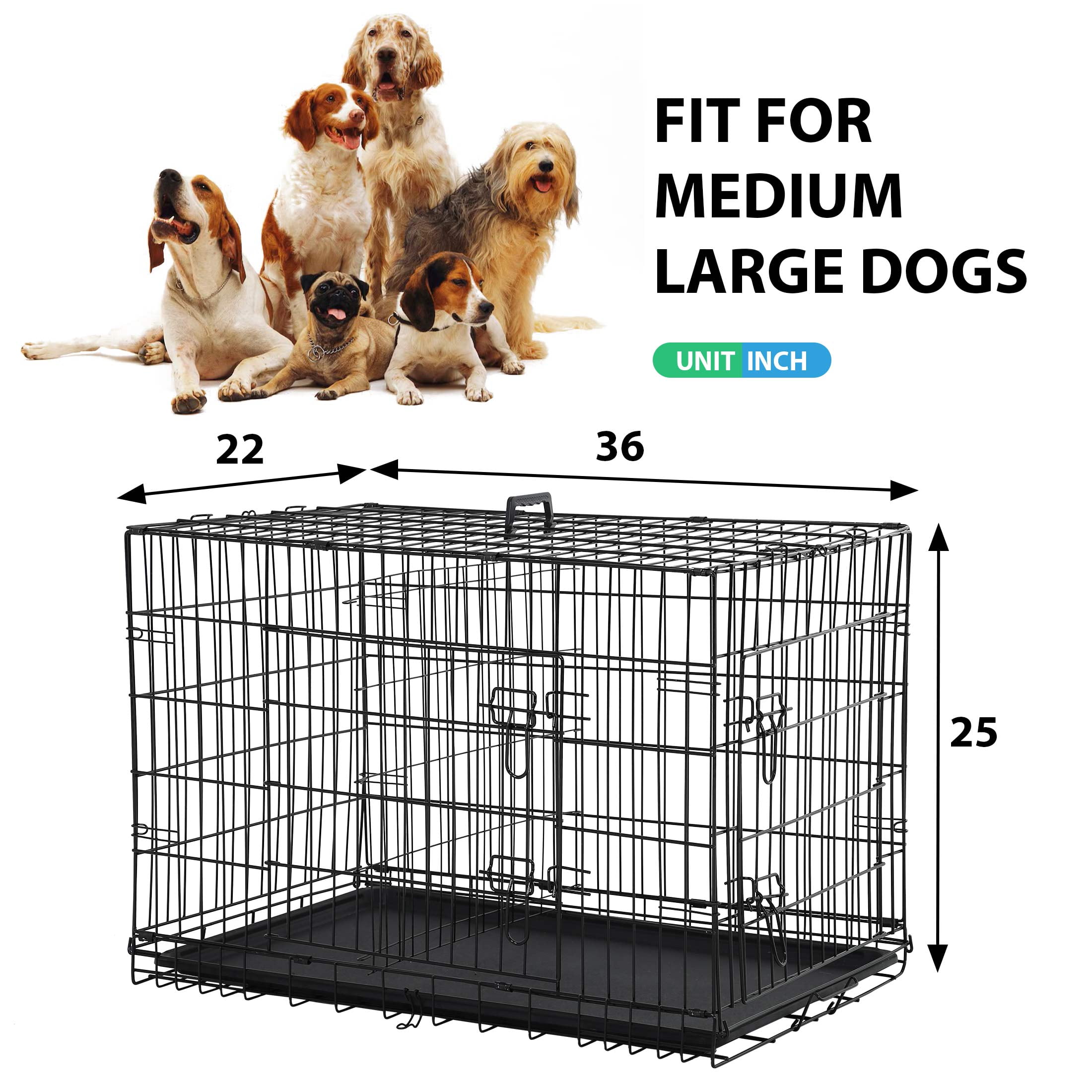 YRLLENSDAN 36 inch Medium Dog Crate for Small Dog Foldable Metal Dog Crate with Easy Clean Plastic Tray Indoor Dog Cage for Medium Sized Dog 2-door Medium Dog Kennel with Divider, Black