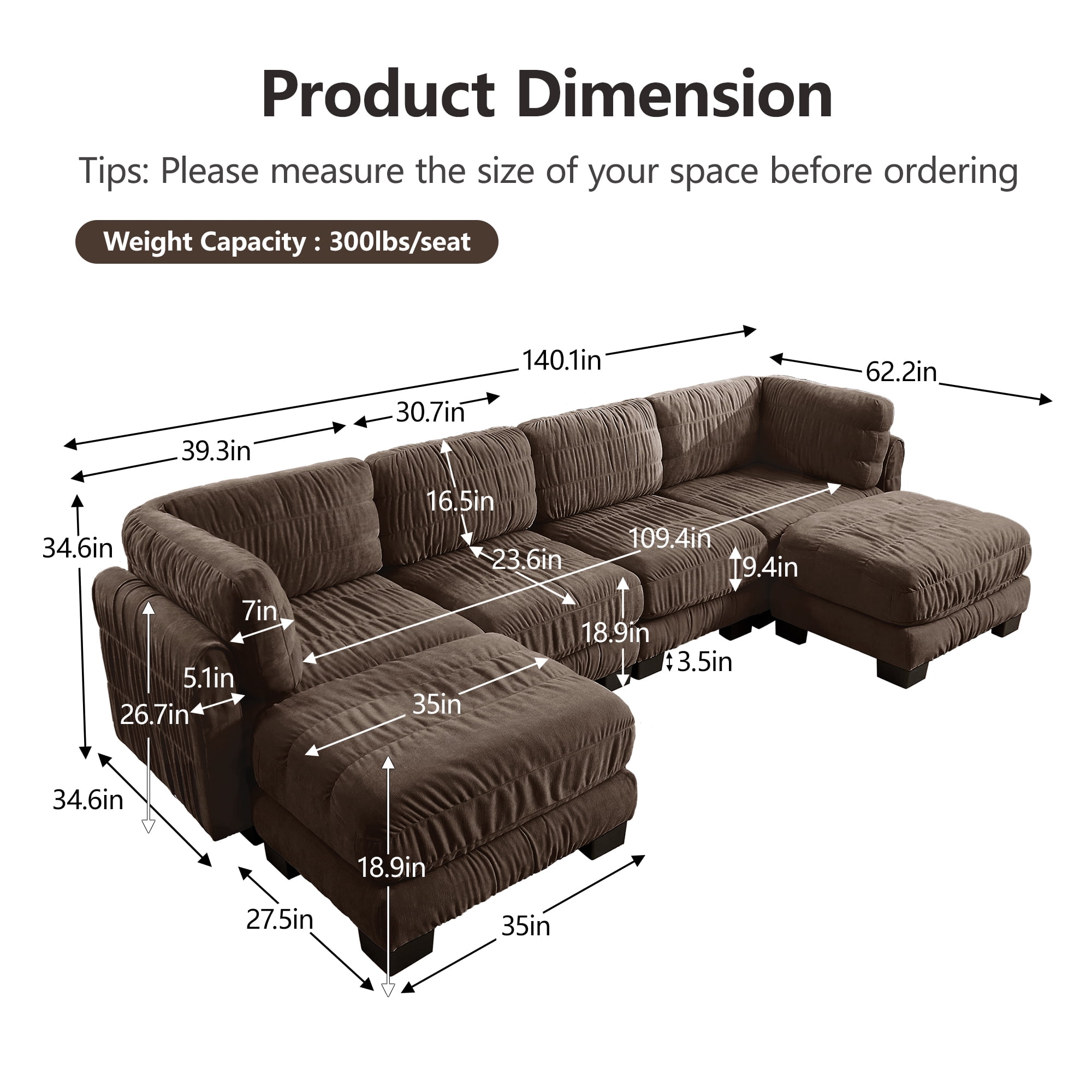140" U Shape 4 Seat Ruched Chenille Modular Sectional Sofa with 2 Movable Ottomans,Easy Assembly