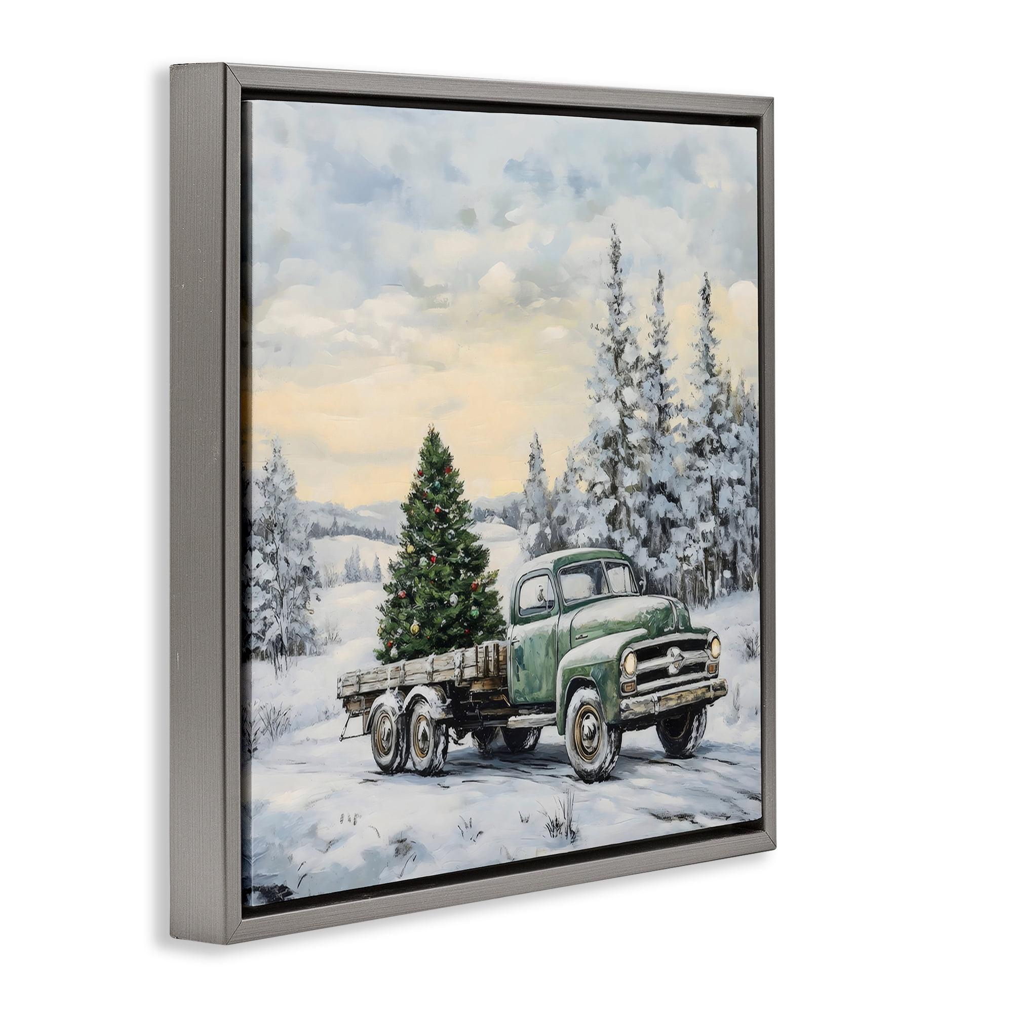 Green Christmas Tree Truck Gray Framed Floater Canvas Wall Art, design by Petal Prints Design