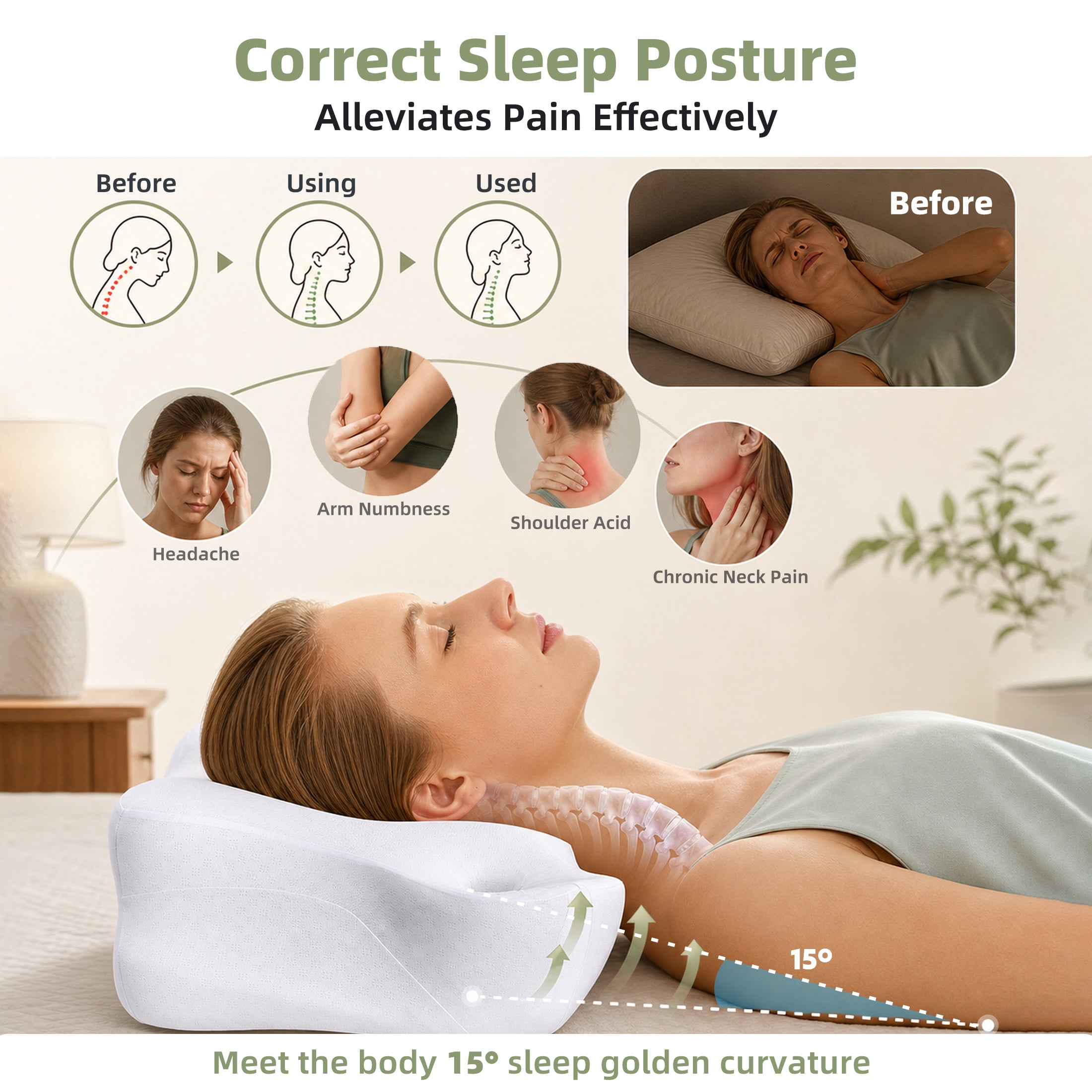 EDX 24 x 16 inch Cervical Ergonomic Pillow - Memory Foam Neck Pain Relief for Side/Back/Stomach Sleepers,White
