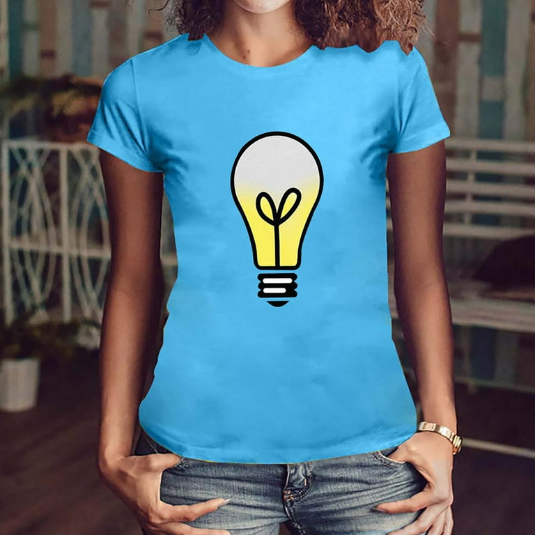 Womens Girls Plus Size Light Bulb Cute Graphic Tshirt Shirt Short