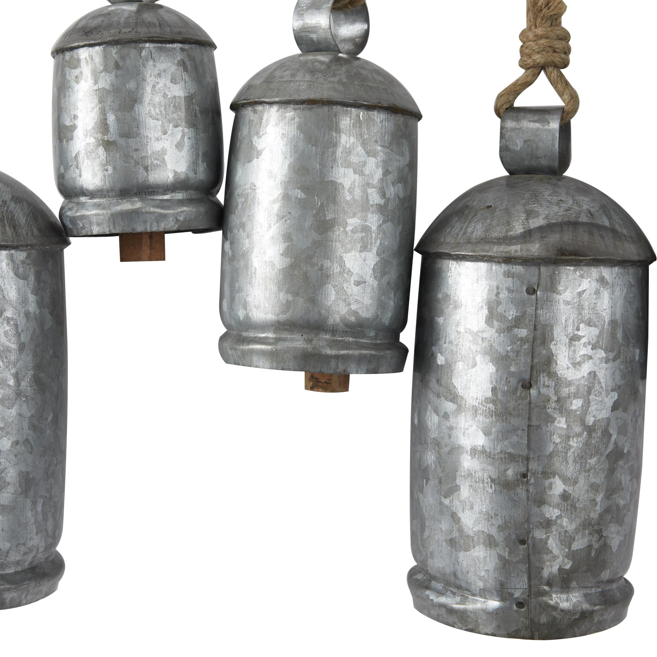 DecMode Tibetan Inspired Silver Metal Cylindrical Decorative Cow Bells with 12 Bells on Jute Hanging Rope and Metal Rod