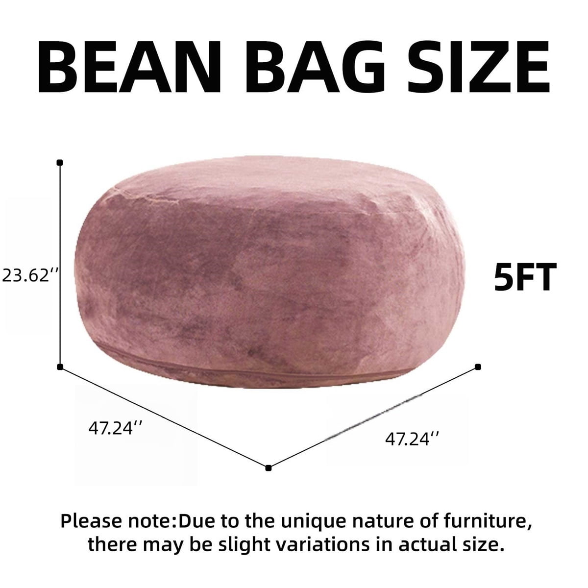 Hommoo 5FT Bean Bag Chair, Memory Foam Filling Soft Sofa with Flannel Cover, Round Sofa for Living Room, Bedroom, College Dorm, Pink