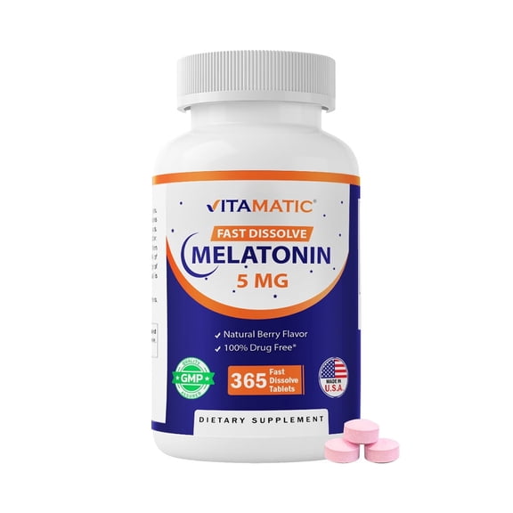 Vitamatic Melatonin 5mg Tablets | Vegetarian, Non-GMO, Gluten Free | 1 Year Supply | Natural Berry Flavor - 365 Tablets
