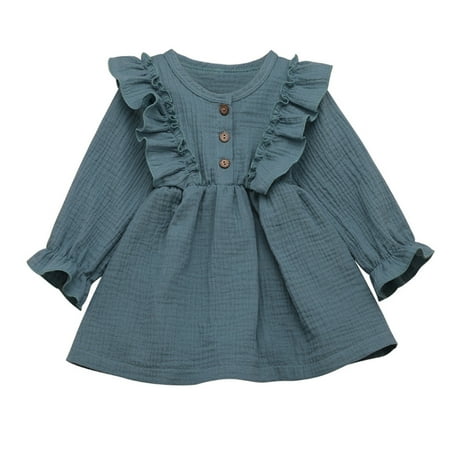 

wofedyo flower girl dress Button Girl Kids Solid Party Baby Dress Ruffle Princess Linen Clothes Toddler Girls Dress&Skirt girls dresses size 10-12