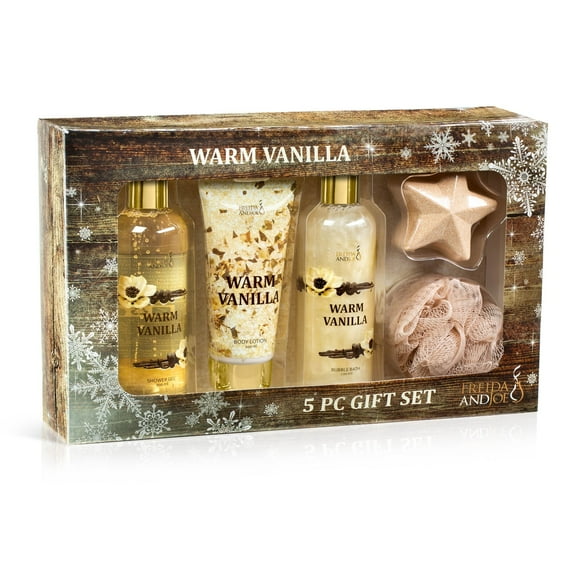 Warm Vanilla Bath and Body Gift Set – 5-Piece Spa Gift Basket with Shower Gel, Bubble Bath, Body Scrub, Bath Fizzer & Sponge – Self Care Gift for Women & Men
