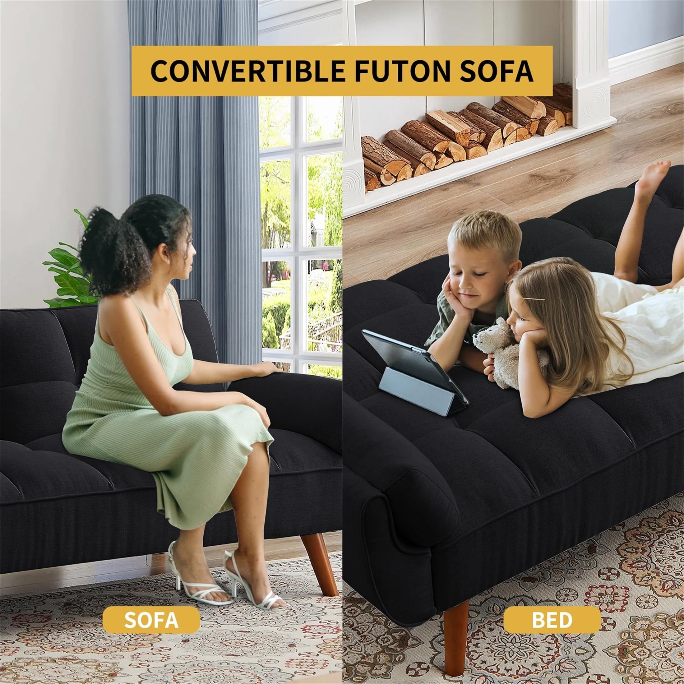 Aukfa 75" Flared Arm Futon Convertible Sofa Bed, Linen Sleeper Couch for Home Office, Black