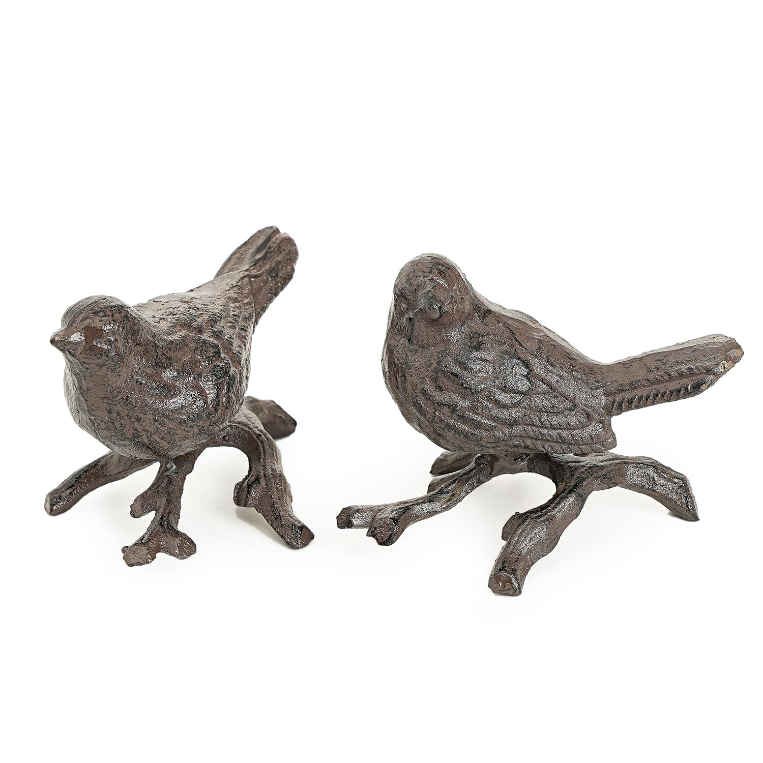 Sungmor Cast Iron Small Bird Statues, Set of 2 Rust Brown Bird with Branch Collectible Figurines, Farmhouse Home Garden Decorative Bird Sculpture, Realistic Indoor and Outdoor Ornaments