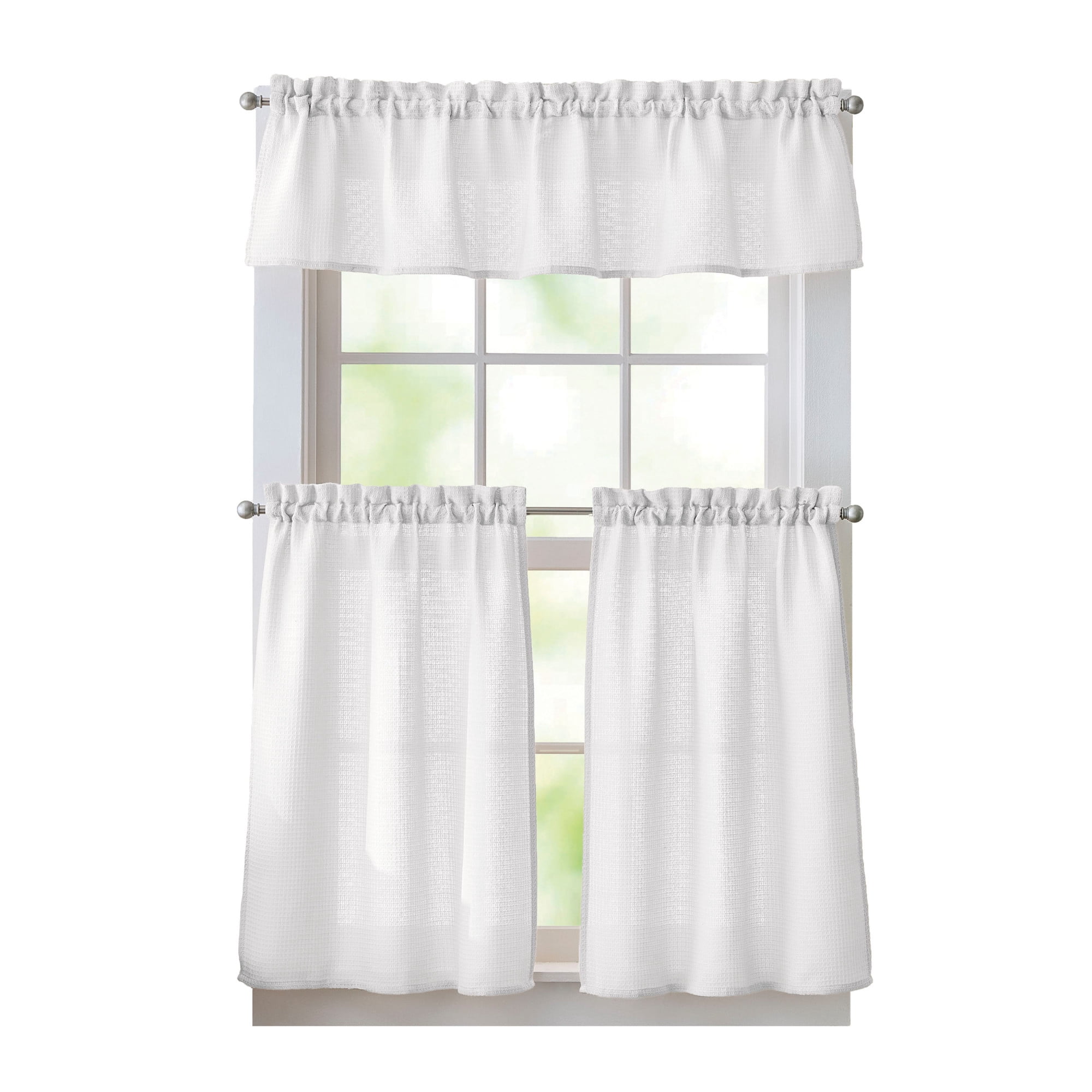 Curtainworks Eldridge Waffle 3 Piece Valance and Tier Set White, Indoor, Pole Top, 58" x 14", Adult