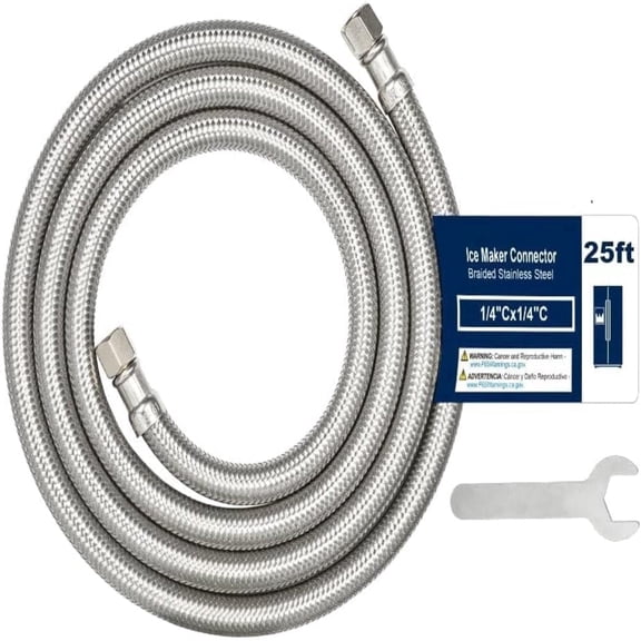 Krydros 25ft Stainless Steel Braided Refrigerator Ice Maker Hose, 1/4" Compression