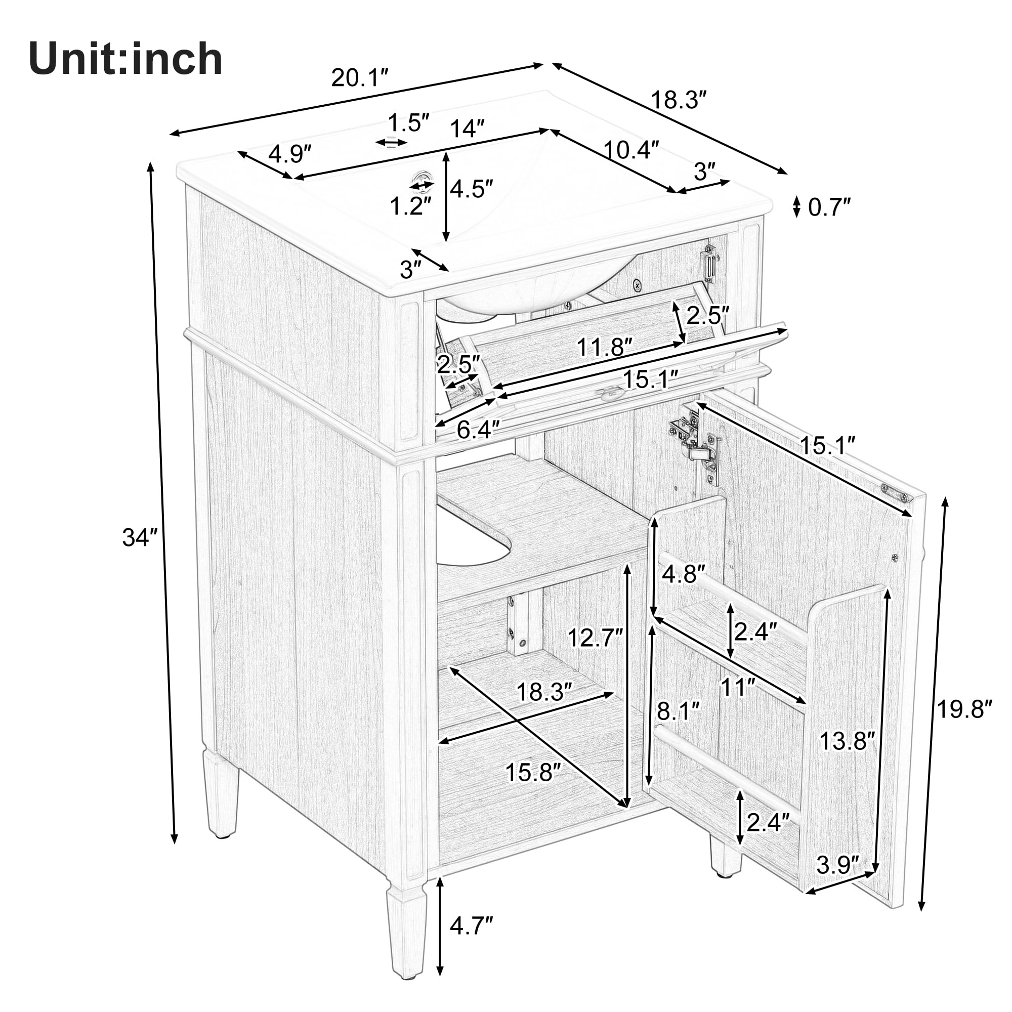 Euroco 20-Inch Wood Bathroom Vanity with Sink, Solid Wood Legs, Adjustable Shelf, Tilt-Out Drawer, Wood Knobs, Modern Freestanding Cabinet for Small Bathroom