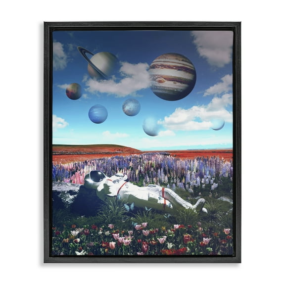 Stupell Industries Astronaut & Overhead Planets Astrology & Stars Painting Black Floater Framed Canvas Art Print Wall Art, 17 x 21