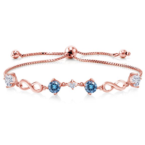 Gem Stone King 18K Rose Gold Plated Sterling Silver Bracelet Round Persian Blue and White Moissanite (2.07 Cttw)