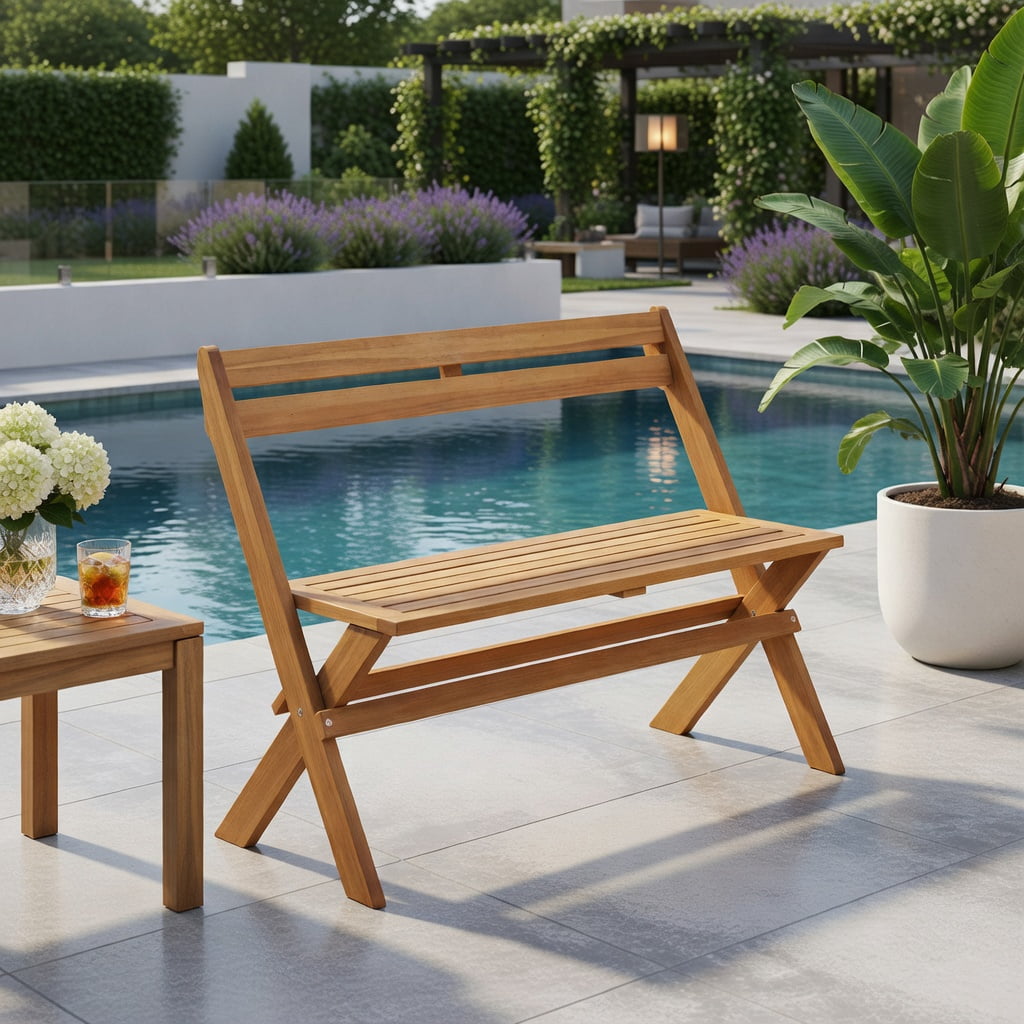 Hommoo 2-Person Folding Acacia Wood Patio Bench, Ergonomic 105° Backrest, Compact Foldable Design for Garden, Porch & Balcony, Natural