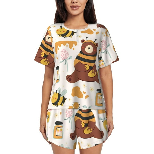 Balery Cute Bee Honey Jar Hive Bear Conjunto de Pijama para Mujer con Estampado, Dos Piezas de Manga Corta y Shorts, Ropa de Dormir Suave con Cuello Redondo y Bolsillos-3X-Large