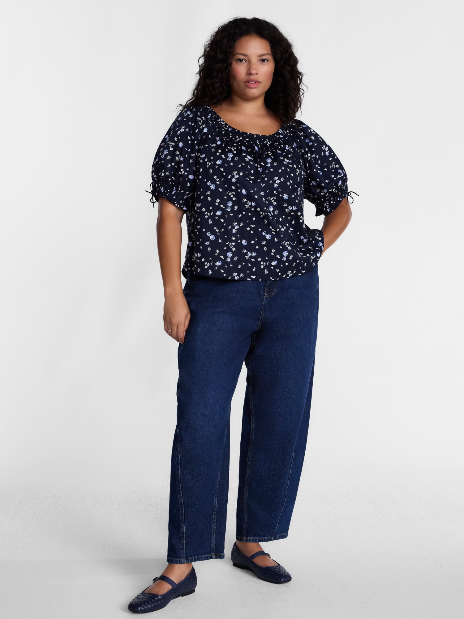 Terra & Sky Women's Plus Scoop Neck Top with Short Tie Puff Sleeves, Sizes 0X-5X