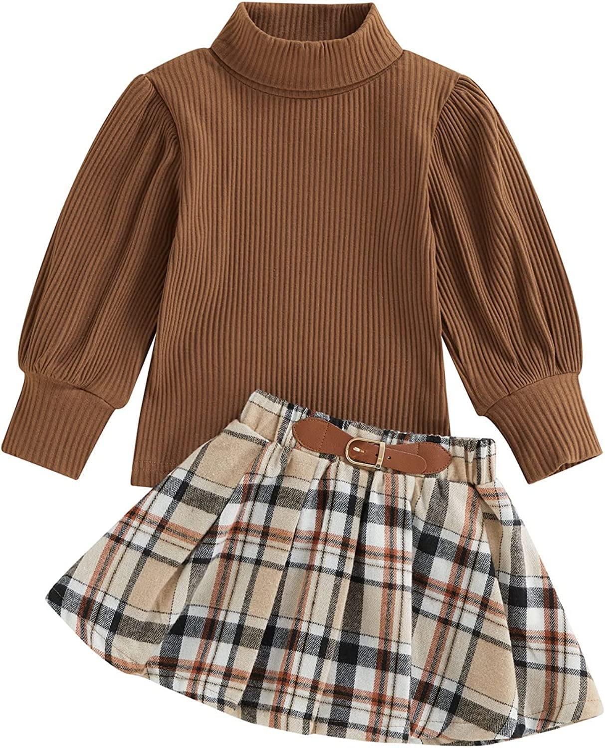 QWZNDZGR Toddler Baby Girl Fall Winter Outfits Solid Turtleneck Long Sleeve  Knit Rib Tops Plaid Mini Pleated Skirt Set Clothes - Walmart.com