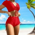 thumbnail image 3 of Joernso 2Pcs/Set Women Summer Bikini Set V-Neck Short Sleeve Tops High Waist Drawstring Swimming Trunks Solid Color Quick Drying Swimsuit, 3 of 8