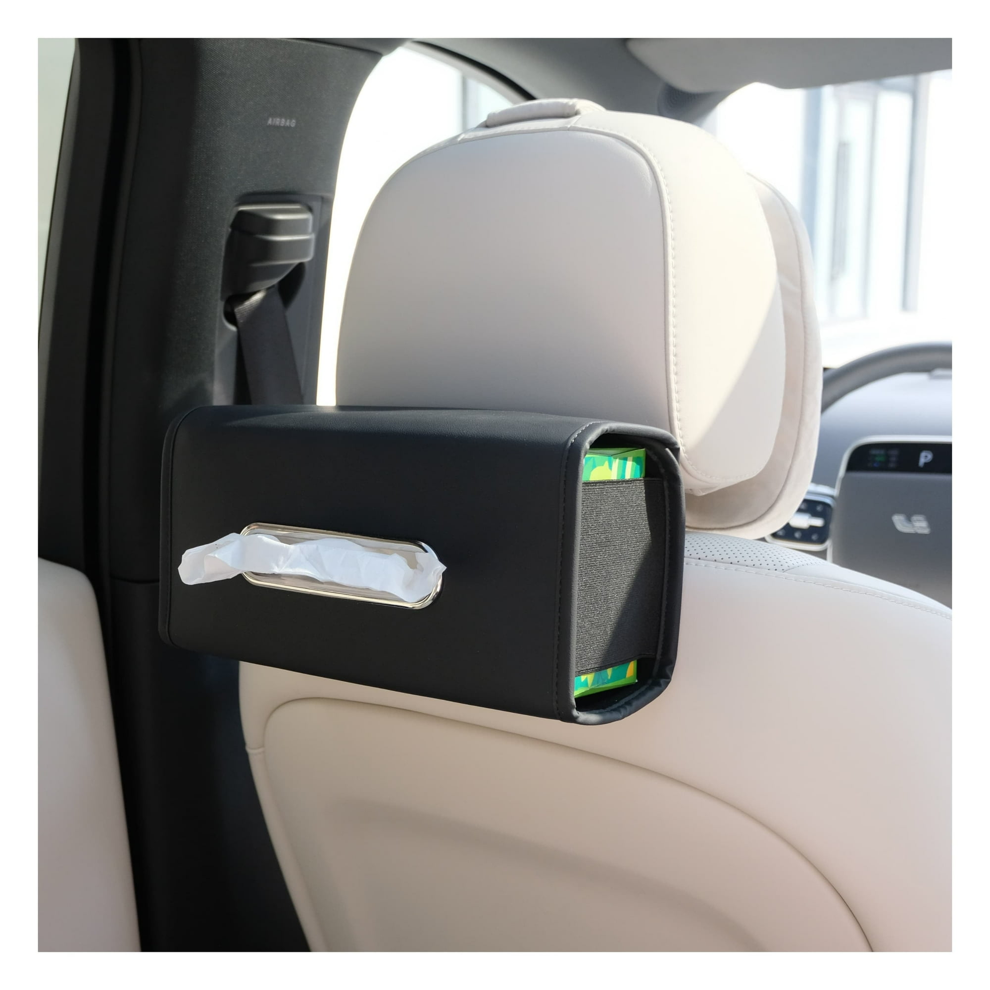 Car Tissue Holder, Ompellus Premium PU Leather Tissue Box Holder for Car Seat Back, Extra Large Tissue Box Cover Rectangle Fits for Regular Size Tissues (Black)