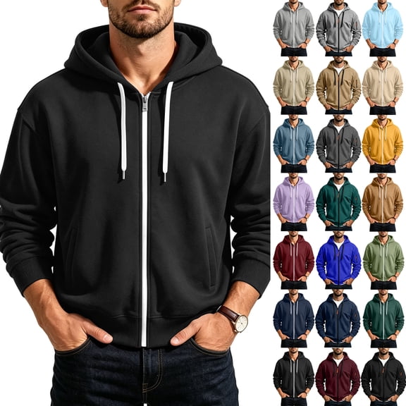 Mens Jacket Dqueduo Men's Solid Color Long Sleeve Hoodie Jacket Casual Comfortable Outerwear, Sizes S-XXXL Black XL
