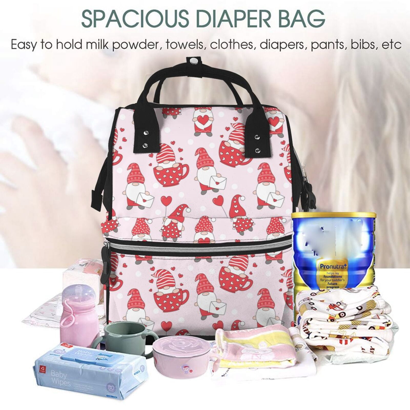 Ratiio Valentine Gnomes Mummy Backpack - Waterproof Twill Canvas, Large Capacity Diaper Bag with Multiple Pockets and Adjustable Straps