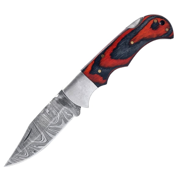 TheBoneEdge 6.5" Damascus Blade Folding Knife Two Tone Black & Orange Wood Handle With Pouch