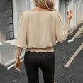 thumbnail image 4 of Women's Puff Sleeve Blouse Smocked Waist Long Sleeve Crewneck Solid Pullover Top Khaki 2XL, 4 of 7