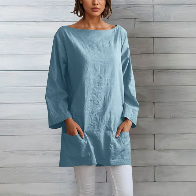 Soki Womens Linen Long Sleeve Short Dresses Round Neck with Pockets