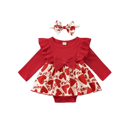 

Ma&Baby Infant Baby Girl Valentine s Day Romper Dress Long Sleeve Heart Print Dress HeadBand Suit
