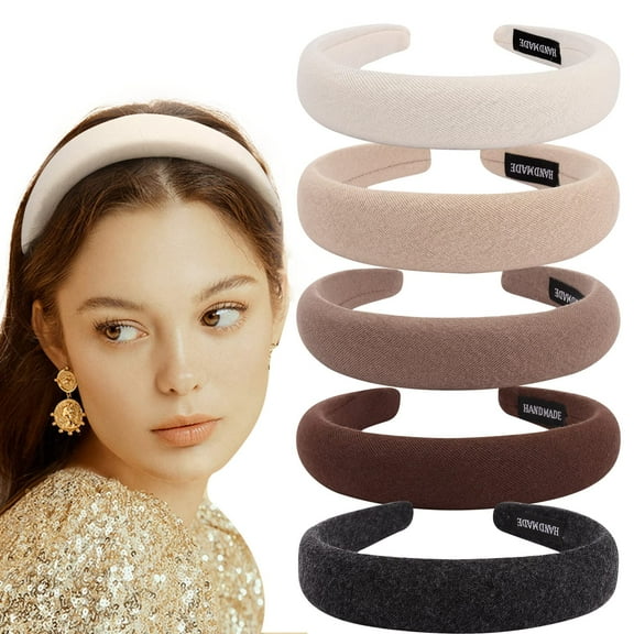 5 Pack Padded Headbands with Soft Fabric - Plain Thick Hair Accessories for Women and Girls