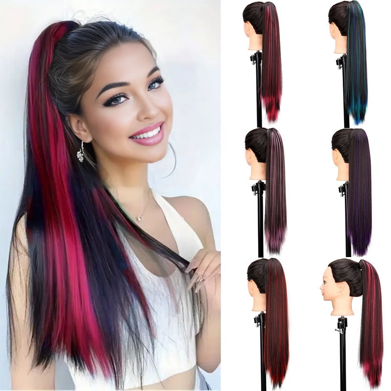 24Inch Synthetic Women's Claw Clip Ponytail Extension Highlighted Red Purple Straight Hair Heat Resistant for Daily Women