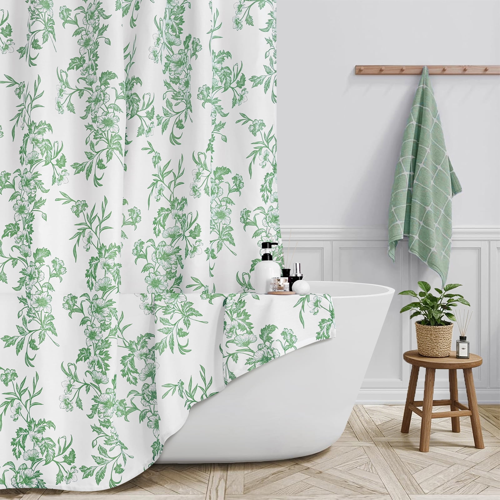 FRAMICS Sage Green Shower Curtain Sets with Non-Slip Rug & 12 Hooks, Heavy Duty Floral Cottagecore Fabric Bathroom Sets, Waterproof & Washable 72" x 72"
